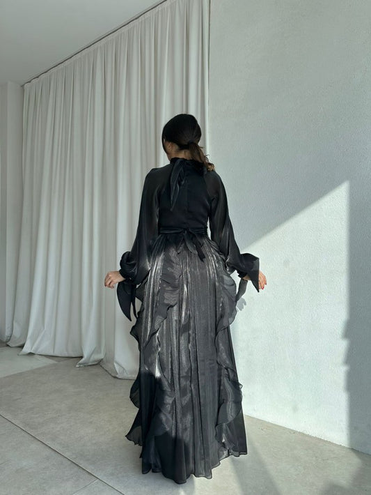 High Neck Ruffle Satin Chiffon Maxi Length Black Dress