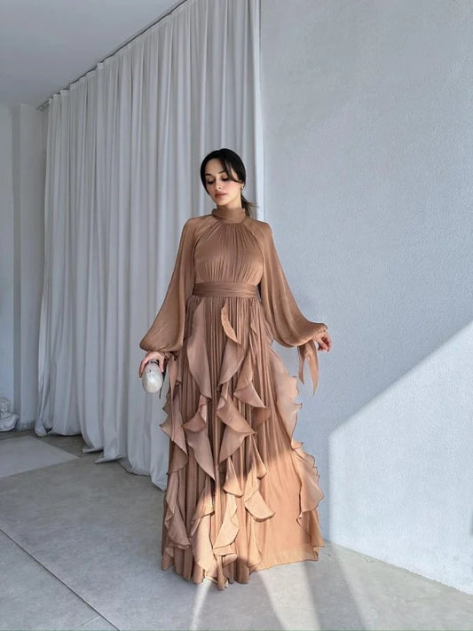 High Neck Ruffle Satin Chiffon Maxi Length Dress