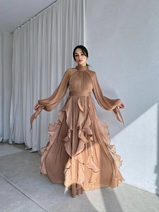 High Neck Ruffle Satin Chiffon Maxi Length Dress