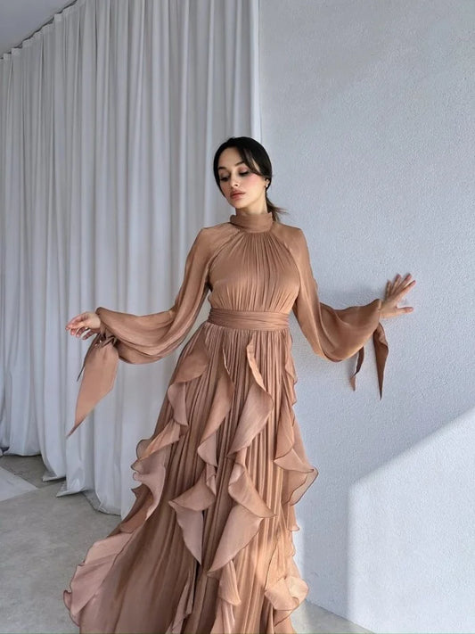 High Neck Ruffle Satin Chiffon Maxi Length Dress