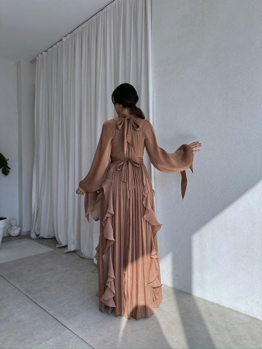 High Neck Ruffle Satin Chiffon Maxi Length Dress
