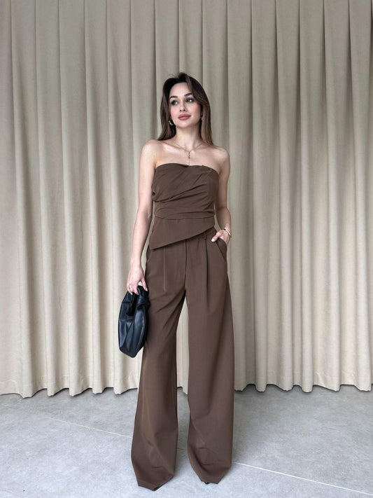 Strapless Mocha Brown Draped Two-Piece Set