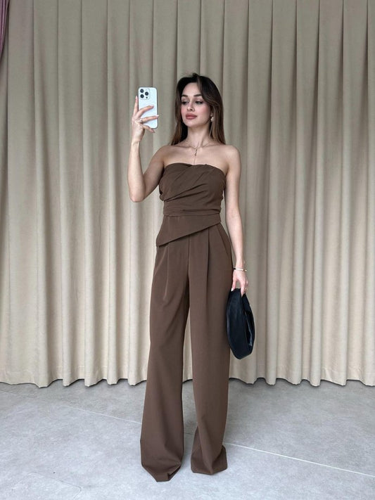 Strapless Mocha Brown Draped Two-Piece Set