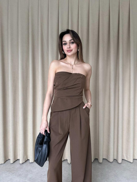 Strapless Mocha Brown Draped Two-Piece Set