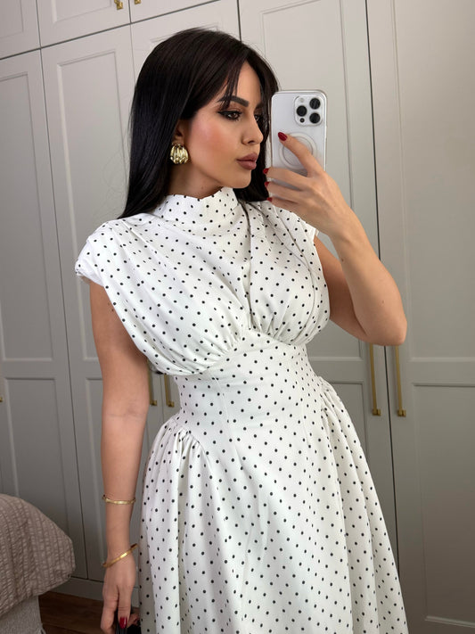 White Padded Waist-Fitted Polka Dot Dress