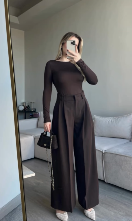 Brown Pleated Front Stripe Detailed Trousers