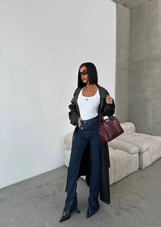 Double breasted high waist wide leg jeans