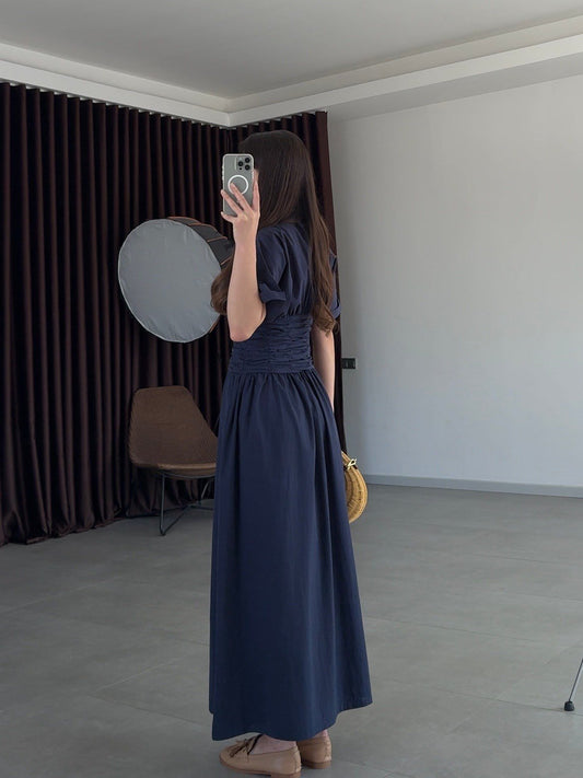 Navy Blue Shirt Collar Draped Long Dress