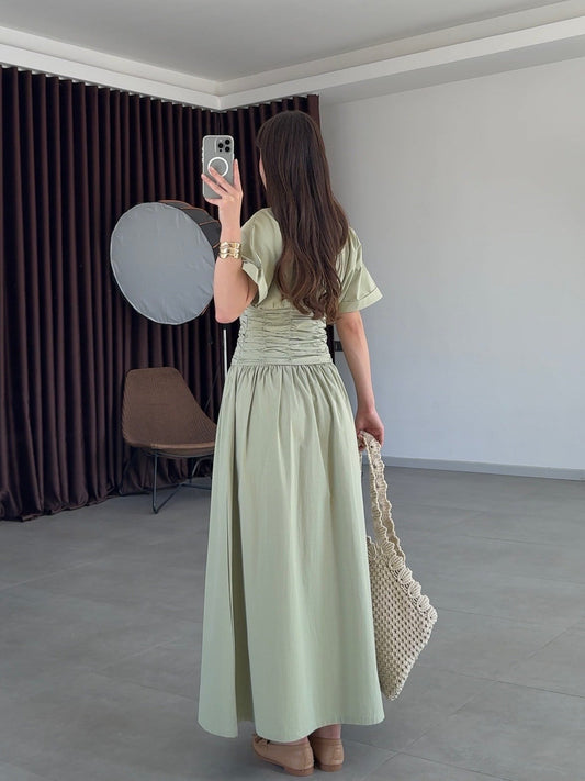 Mint Green Shirt Collar Draped Long Dress