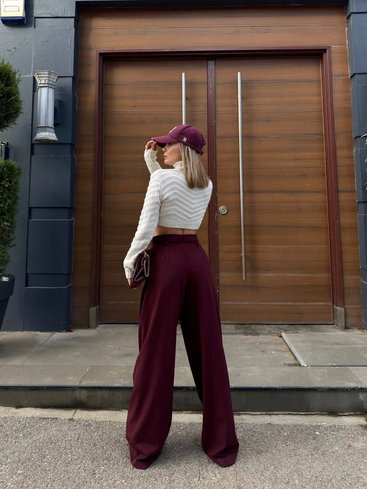 Laced Palazzo Wide Leg Trousers - Claret Red