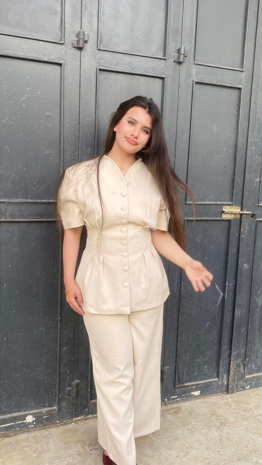 Beige Noir Waist Detail Balloon Sleeve Padded Buttoned Suit