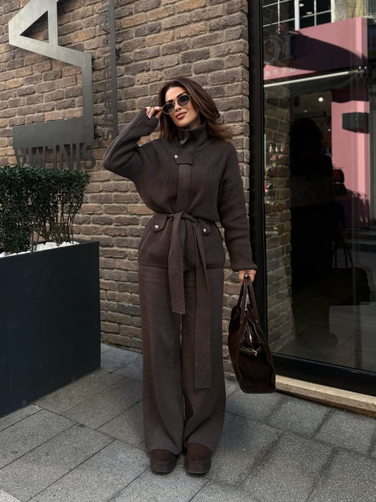 STAND-UP COLLAR BELTED KNITWEAR SET