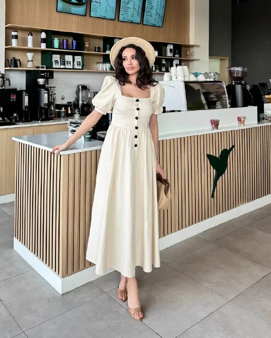 Square Neck Buttoned Balloon Sleeve Dress