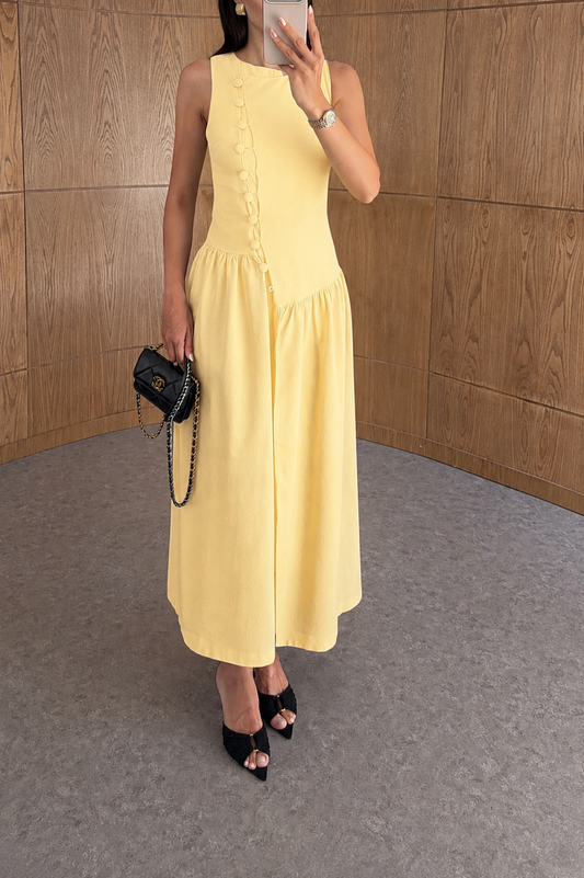 Sleeveless Yellow with Button Detail Dress