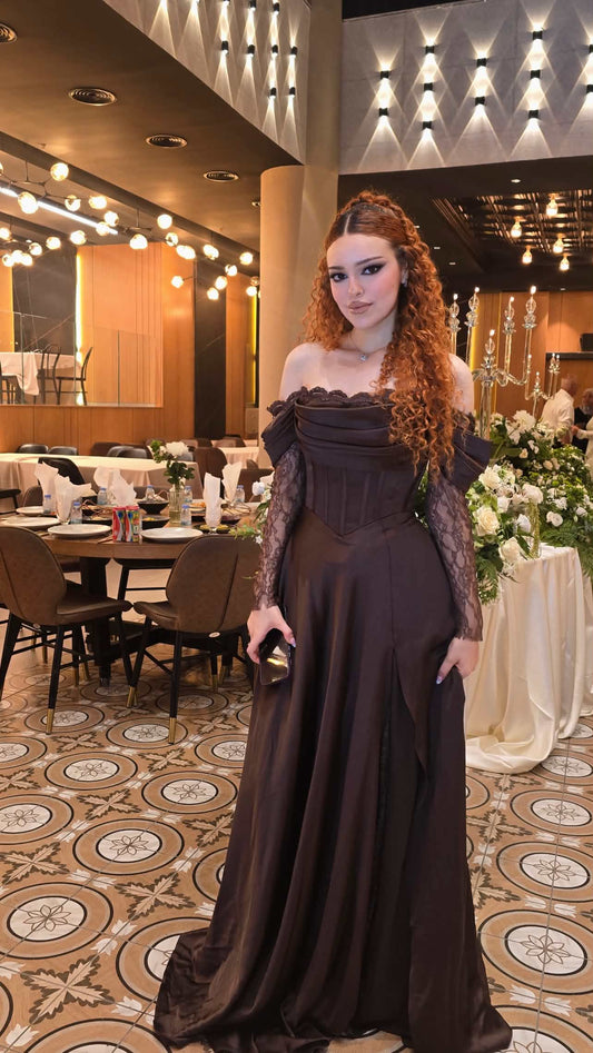 Royal Brown Evening with Lace Details Dress