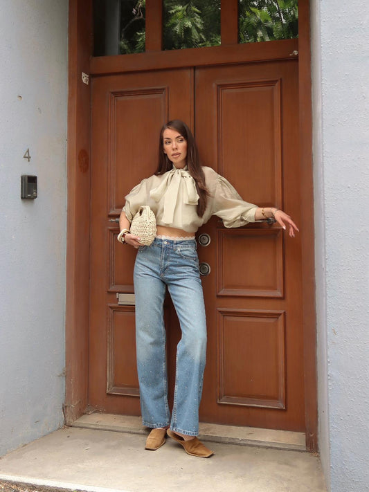 Neckline Tie-Up Balloon Sleeve Blouse