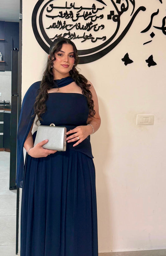 Luna Chiffon Evening with Scarf Navy Blue Dress