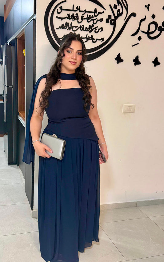 Luna Chiffon Evening with Scarf Navy Blue Dress