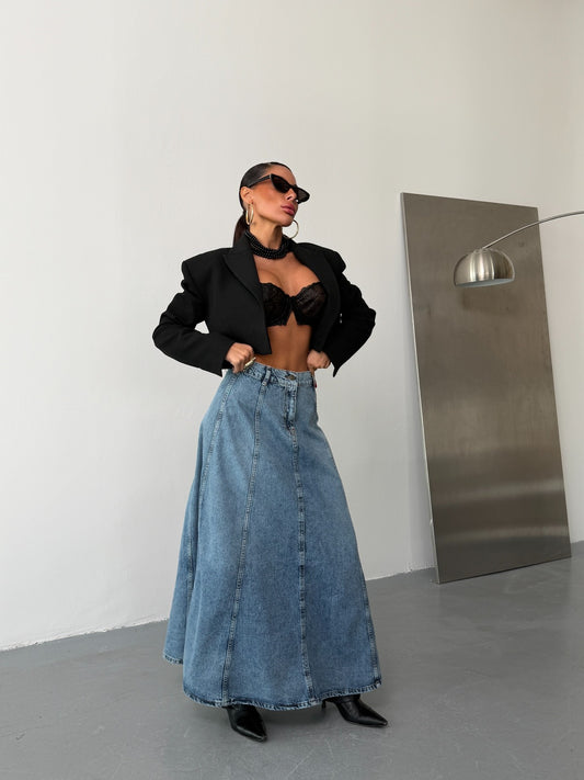High-Waisted A-Line Denim Maxi Skirt