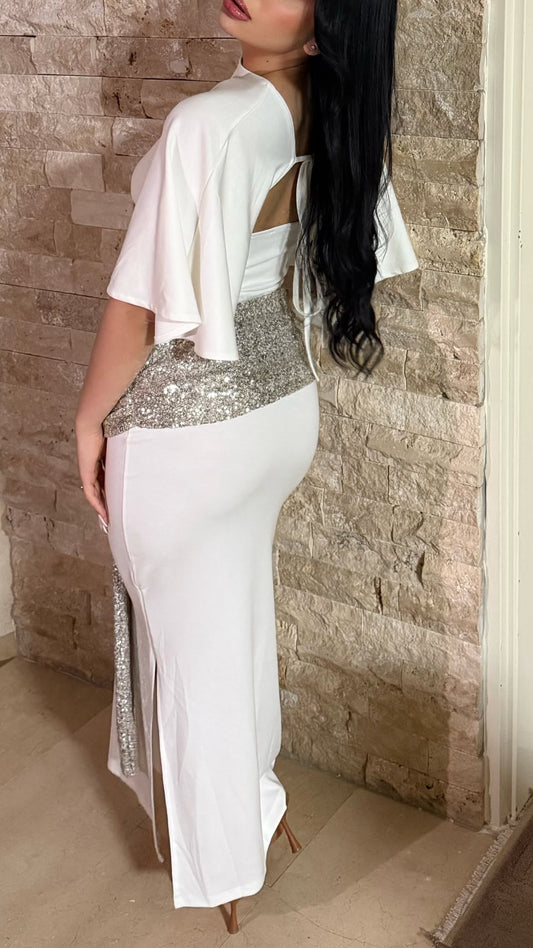 White Sequin Belted Backless Dress