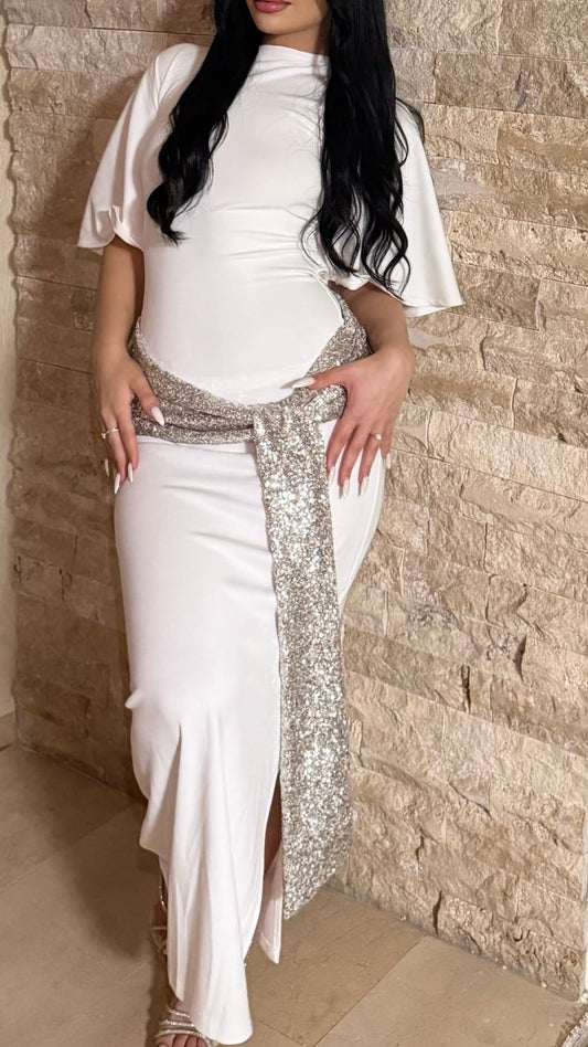 White Sequin Belted Backless Dress