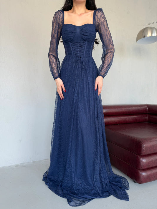 Romance Navy Blue Lace Evening Dress