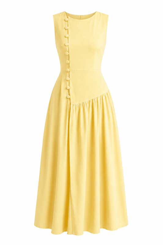 Sleeveless Yellow with Button Detail Dress