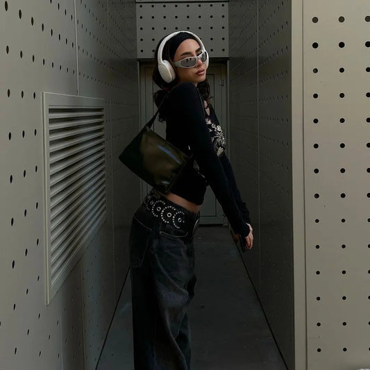 Black Vintage MoodyGirl Off Shoulder Long Sleeve Crop