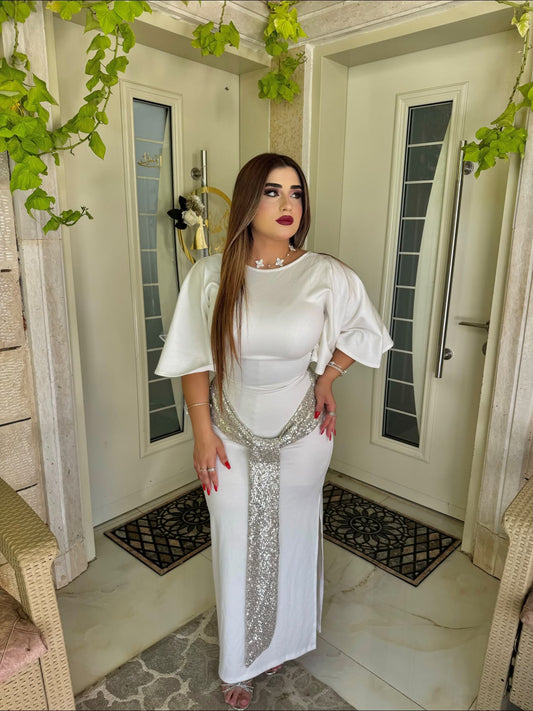 White Sequin Belted Backless Dress