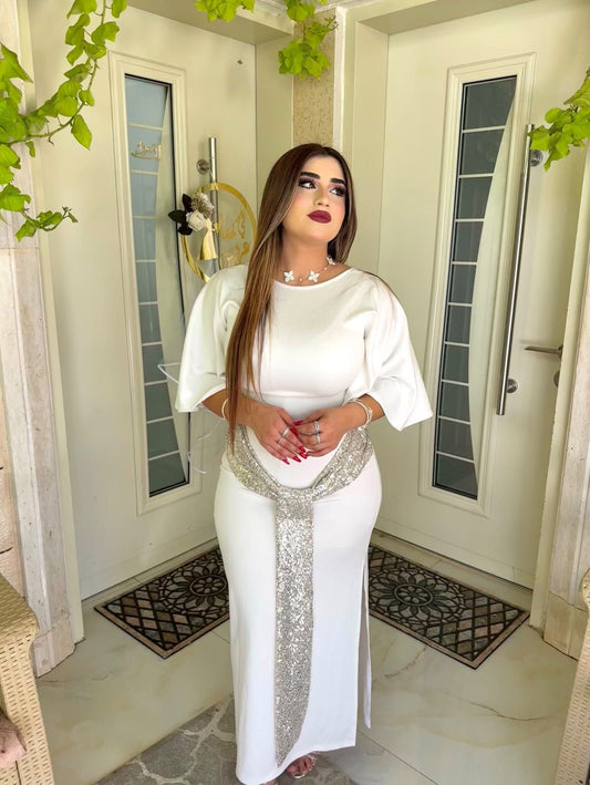 White Sequin Belted Backless Dress
