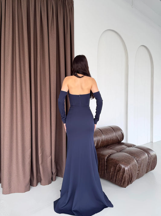 Lina's Embellished Evening in Navy Blue Dress