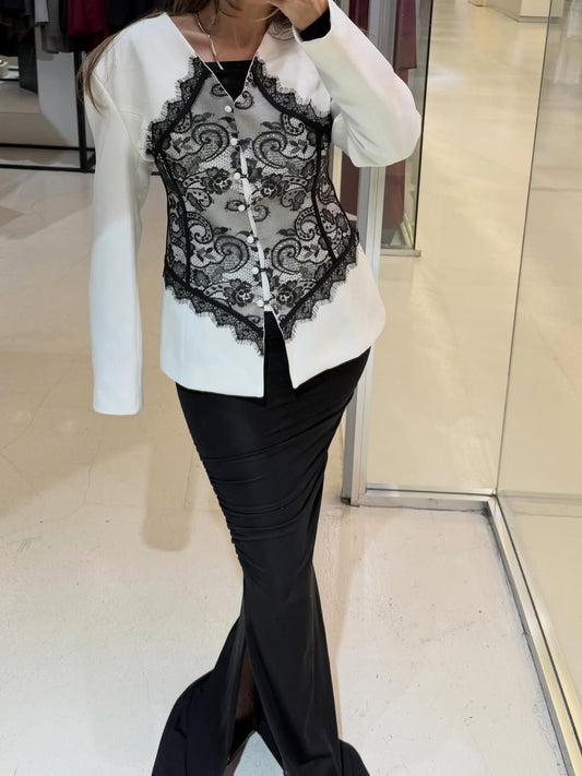 Lace Detail and V-Neck Design Blazer
