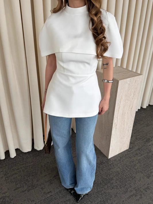 White Blouse With Cape Detail On The Collar