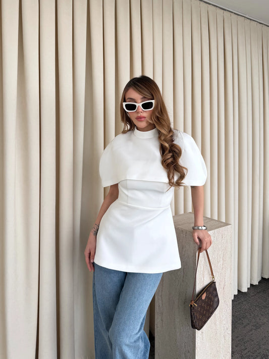 White Blouse With Cape Detail On The Collar