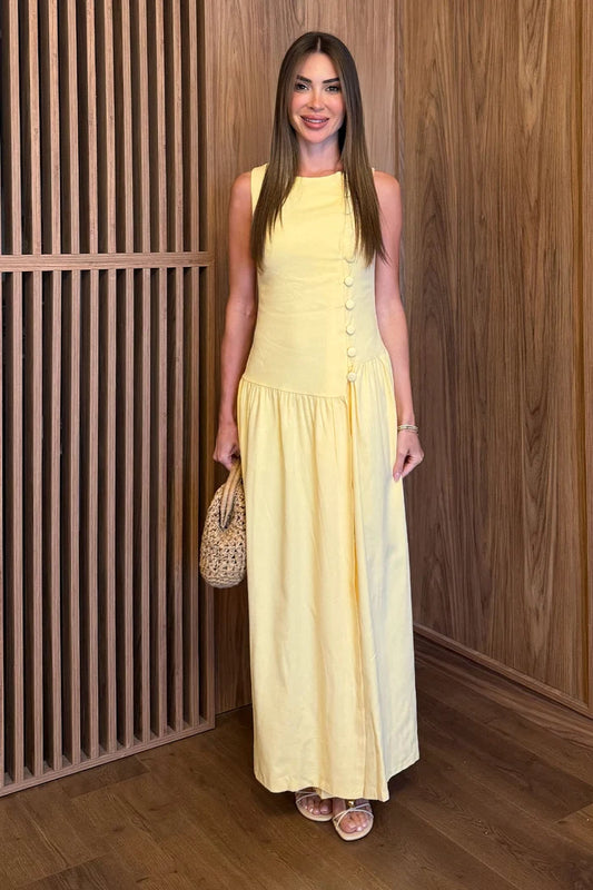 Sleeveless Yellow with Button Detail Dress