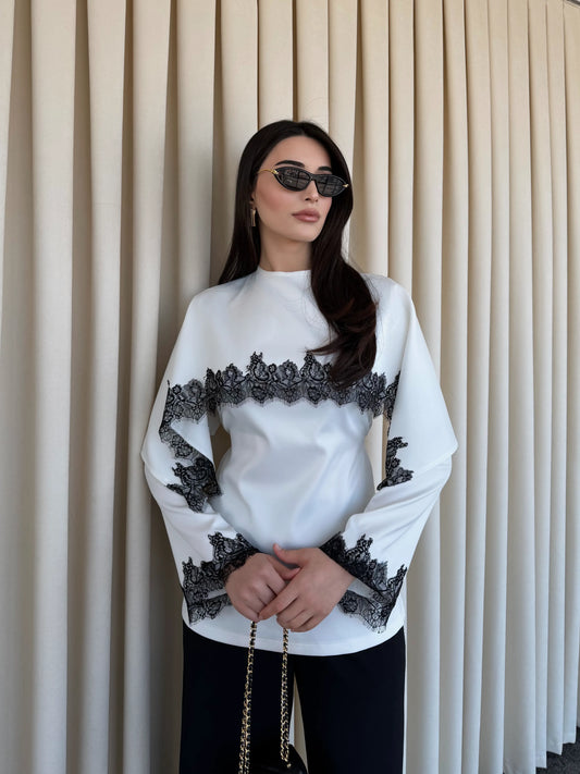 LACE EMBROIDERED CAPE SATIN BLOUSE