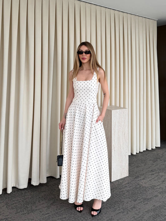 Beige Polka Dot with Back Tie Detail Dress