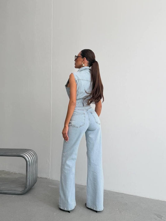 Sleeveless Light Wash Denim Jumpsuit
