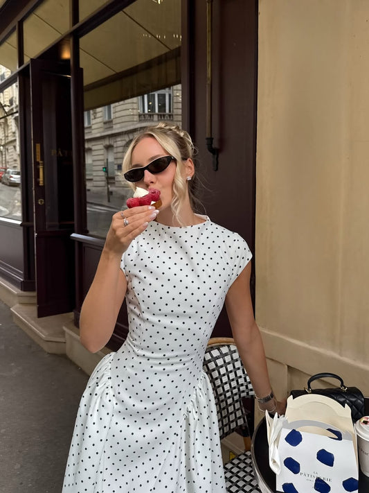 Patter White Polka Dot Midi Length Elegant Dress