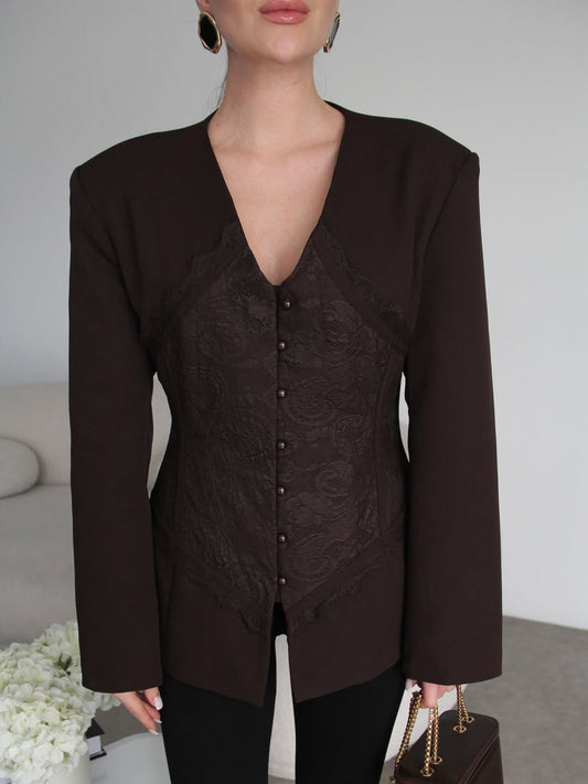 Lace Detail and V-Neck Design Blazer