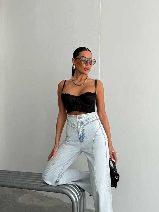 Curve Stitch Wide Leg Jeans