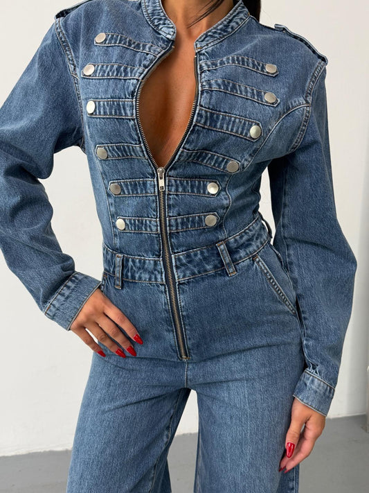 Elara Button-Detail Denim Jumpsuit