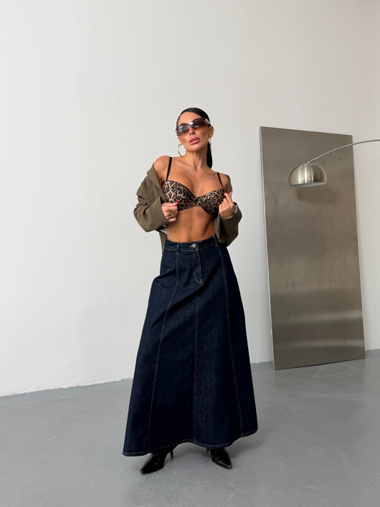 High-Waisted A-Line Denim Maxi Skirt