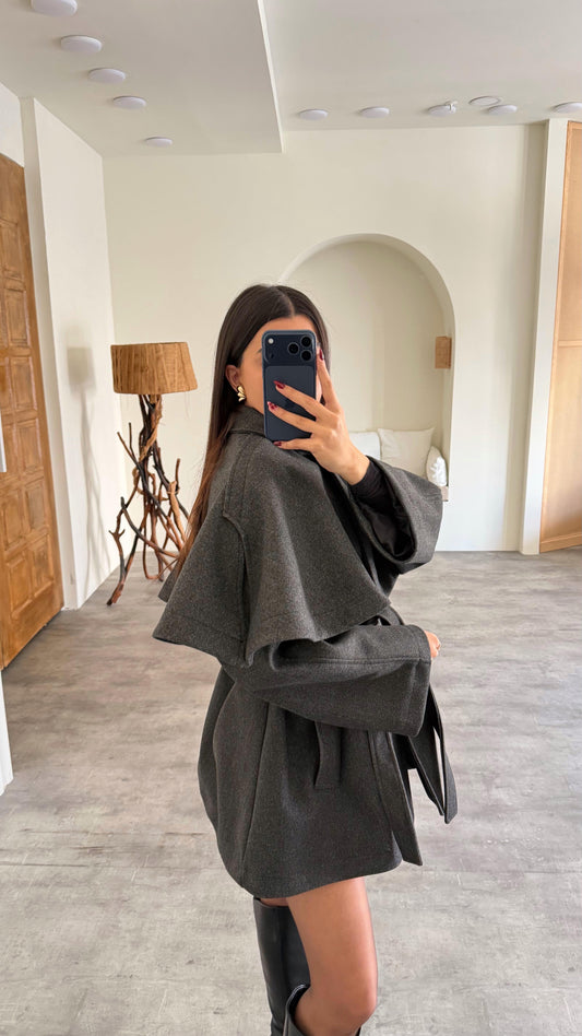 BELTED CACHET COAT WITH CAPE DETAIL JACKET