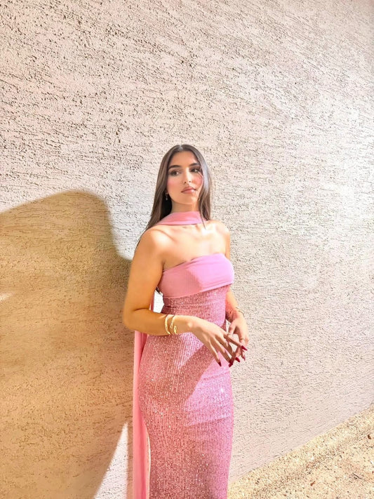 Powder Pink Sequin Strapless Dress
