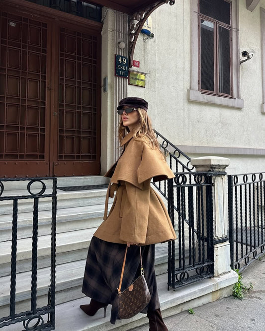 BELTED CACHET COAT WITH CAPE DETAIL JACKET