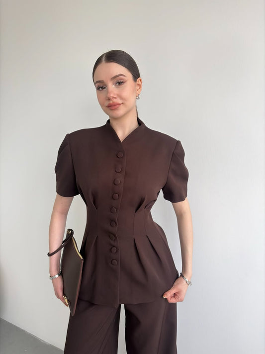 Brown Noir Waist Detail Balloon Sleeve Padded Buttoned Suit