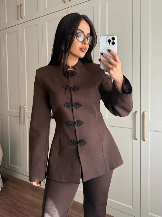 Brown Mandarin Collar Two-Piece Set