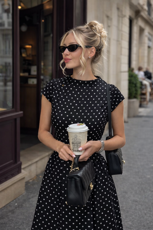 Patter Black Polka Dot Midi Length Elegant Dress