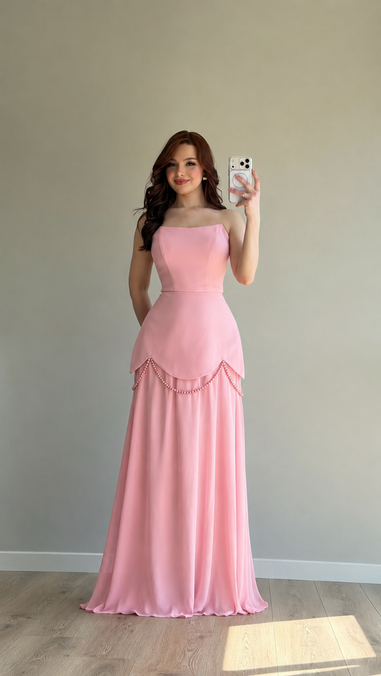 Bridgerton Shawl Pearl Embellished Pink Evening Dress